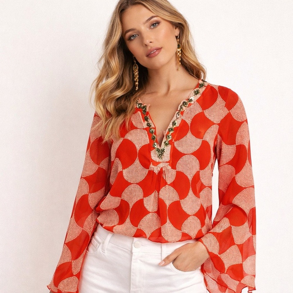 Trina Turk Orange Silk Tunic Women P Sequin Trim Bell Sleeve Boho‎ Blouse Cruise